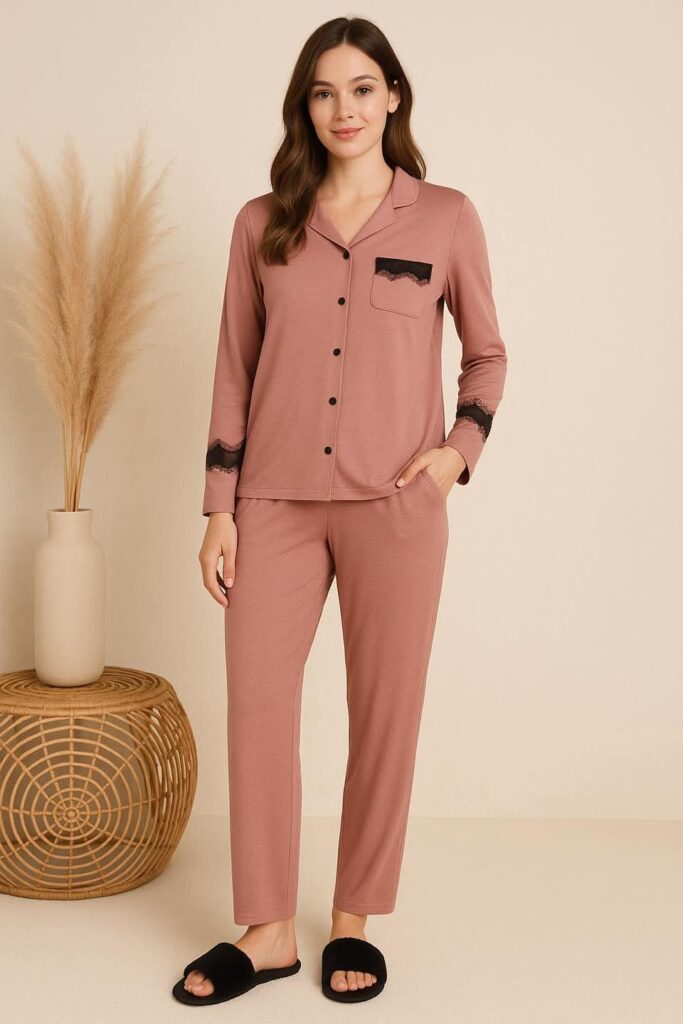 Pyjama Rose poudré avec Dentelle discrète