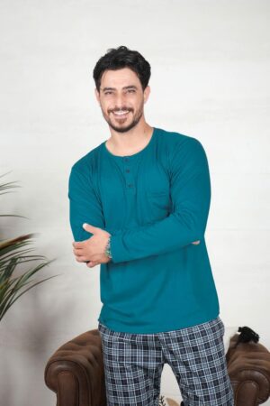 PYJAMA HOMME PULL MANCHES LONGUES VERT PANT IMPRIME