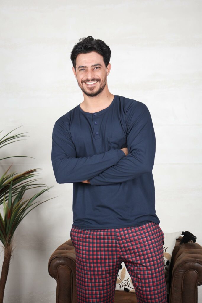 PYJAMA HOMME PULL ML MARINE PANT IMP CARREAUX  ROUGE