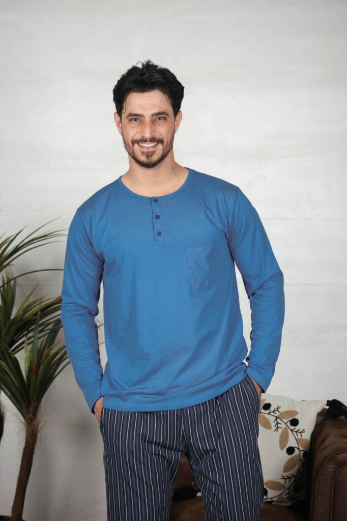 PYJAMA HOMME PULL MANCHES LONGUES BLEU PANT IMPRIME RAYE