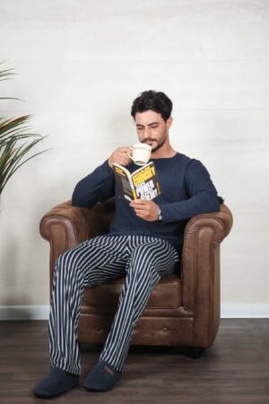 PYJAMA HOMME PULL MANCHES LONGUES MARINE PANT IMPRIME RAYE