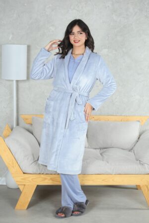 PYJAMA FEMME 3 P CHEMISE +PANTALON UNI +RB POLAIRE BLEU PERLE