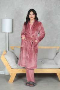 PYJAMA FEMME 3 P CHEMISE +PANTALON UNI +RB POLAIRE VIEUX ROSE
