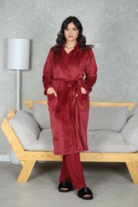 PYJAMA FEMME 3 P CHEMISE +PANTALON UNI +RB POLAIRE BORDEAU