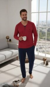 PYJAMA HOMME PULL MANCHES LONGUES BORDEAU