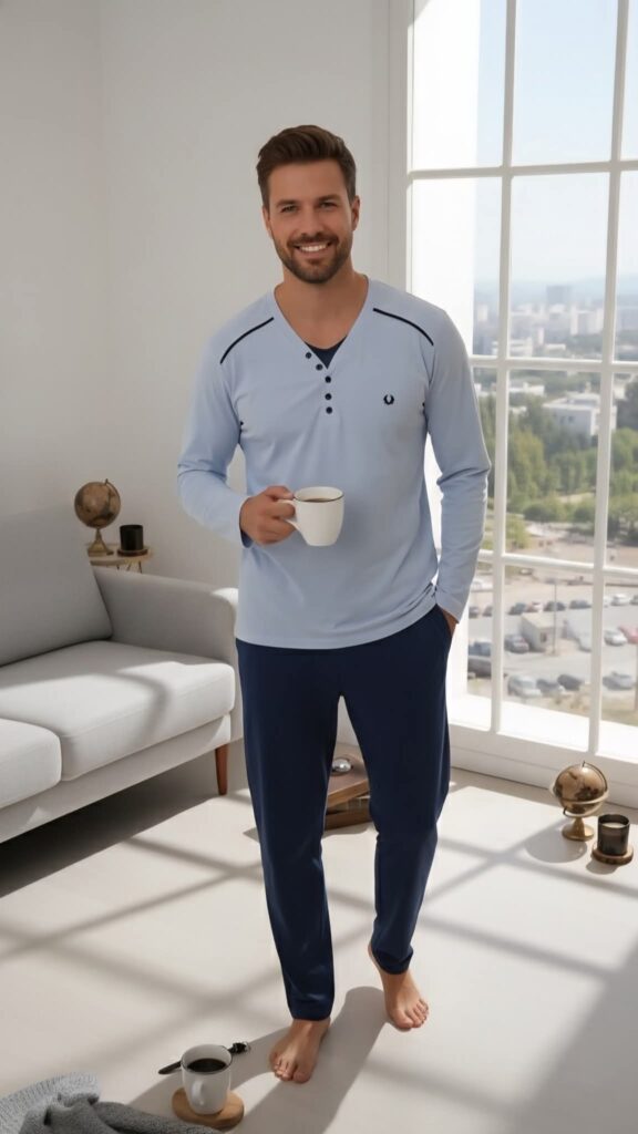 PYJAMA HOMME PULL MANCHES LONGUES CIEL