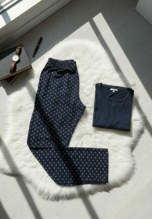 PYJAMA HOMME PULL ML MARINE PANT IMP MOTIF CACHEMIRE