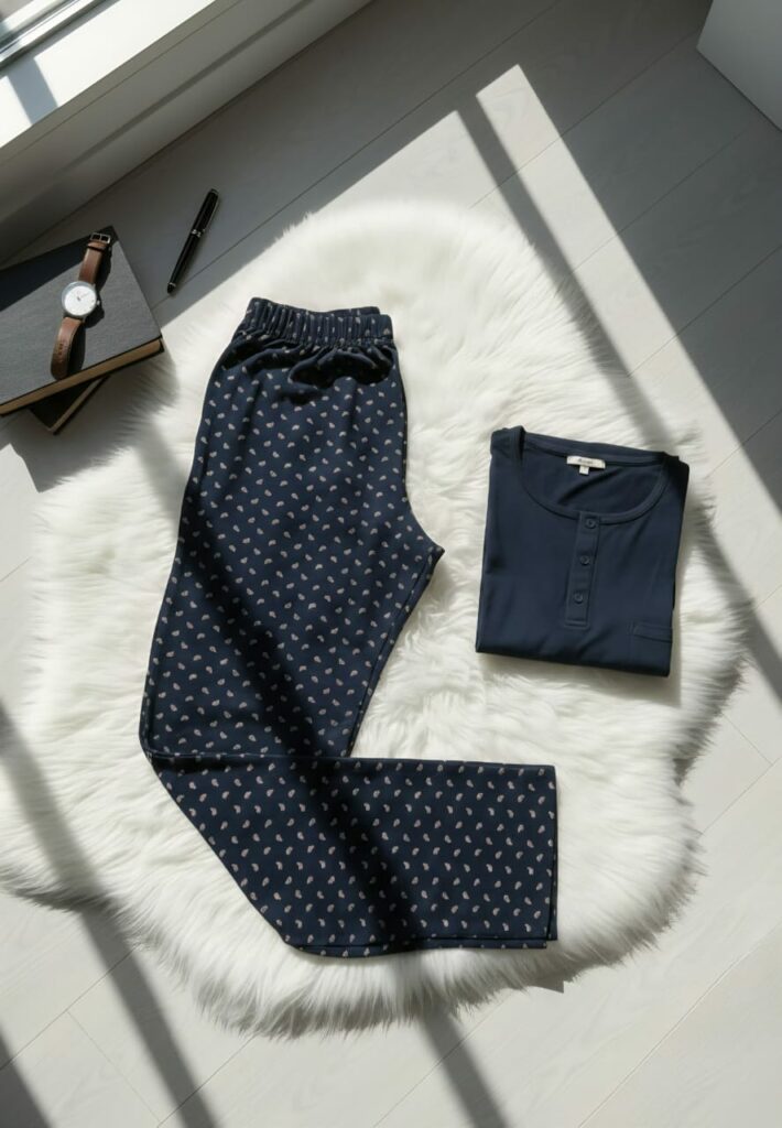 PYJAMA HOMME PULL ML MARINE PANT IMP MOTIF CACHEMIRE